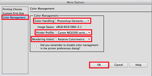 select Relative Colorimetric. Click OK