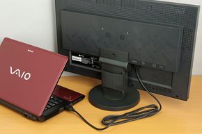 A laptop can be put to more effective use if it is connected to an external LCD. The photograph shows an EIZO 23-inch wide-screen LCD connected by HDMI to a Sony VAIO C laptop (VPCCW28FJ/R).