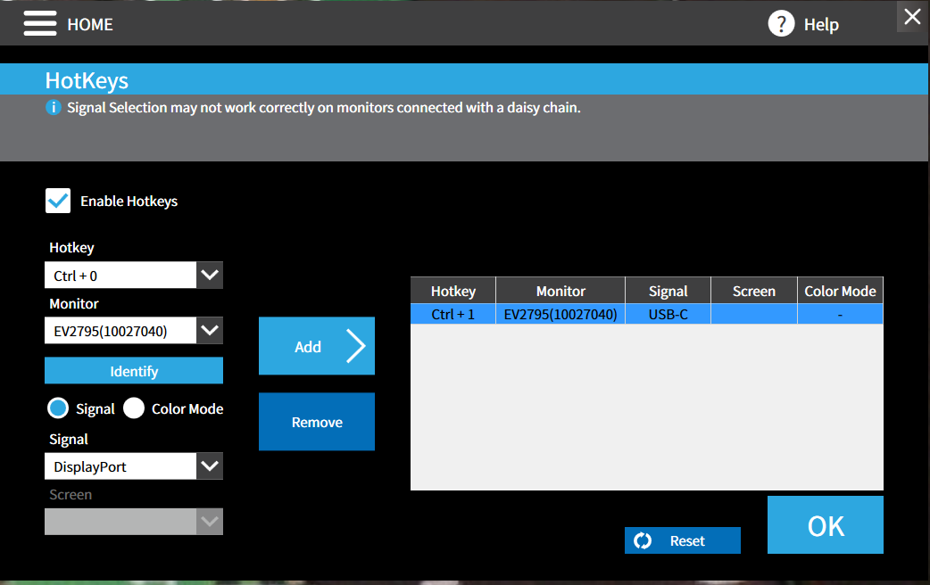 The setup hotkeys to switch video inputs.