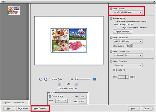 In the Print Settings window, choose your printer under Select Printer. Click More Options on the lower left