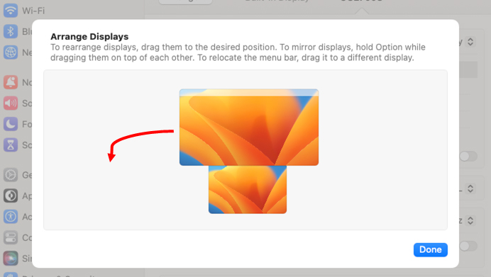 After extending displays, the actual arrangement of the monitor may show differently on macOS. 