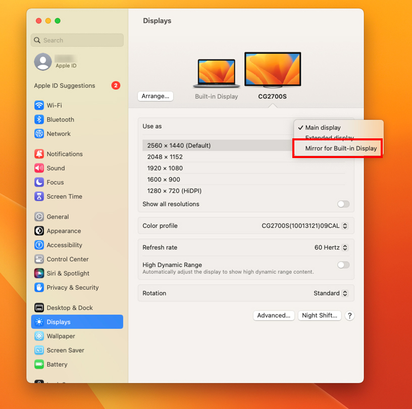When you want to display the same screen on multiple monitors, Right-click the monitor you want to set as the main monitor and select "Mirror Built-in Retina Display" (for Retina model) from the list.