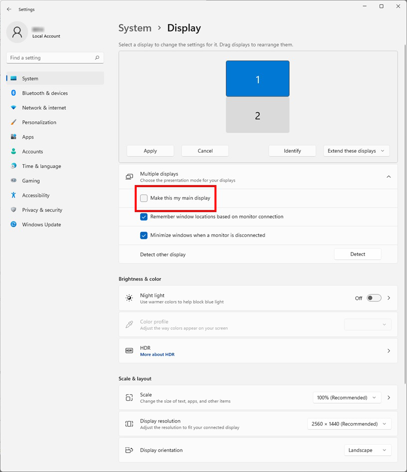 Rearrange displays and make main displays